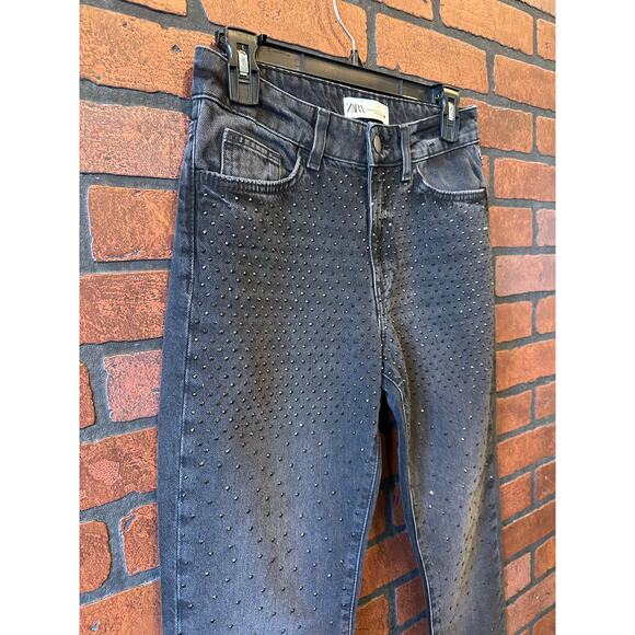 ZARA MID-WAIST ZW THE SLIM JEANS WITH RHINESTONES PANT BLACK 6045/040 Size 2 - Picture 2 of 8